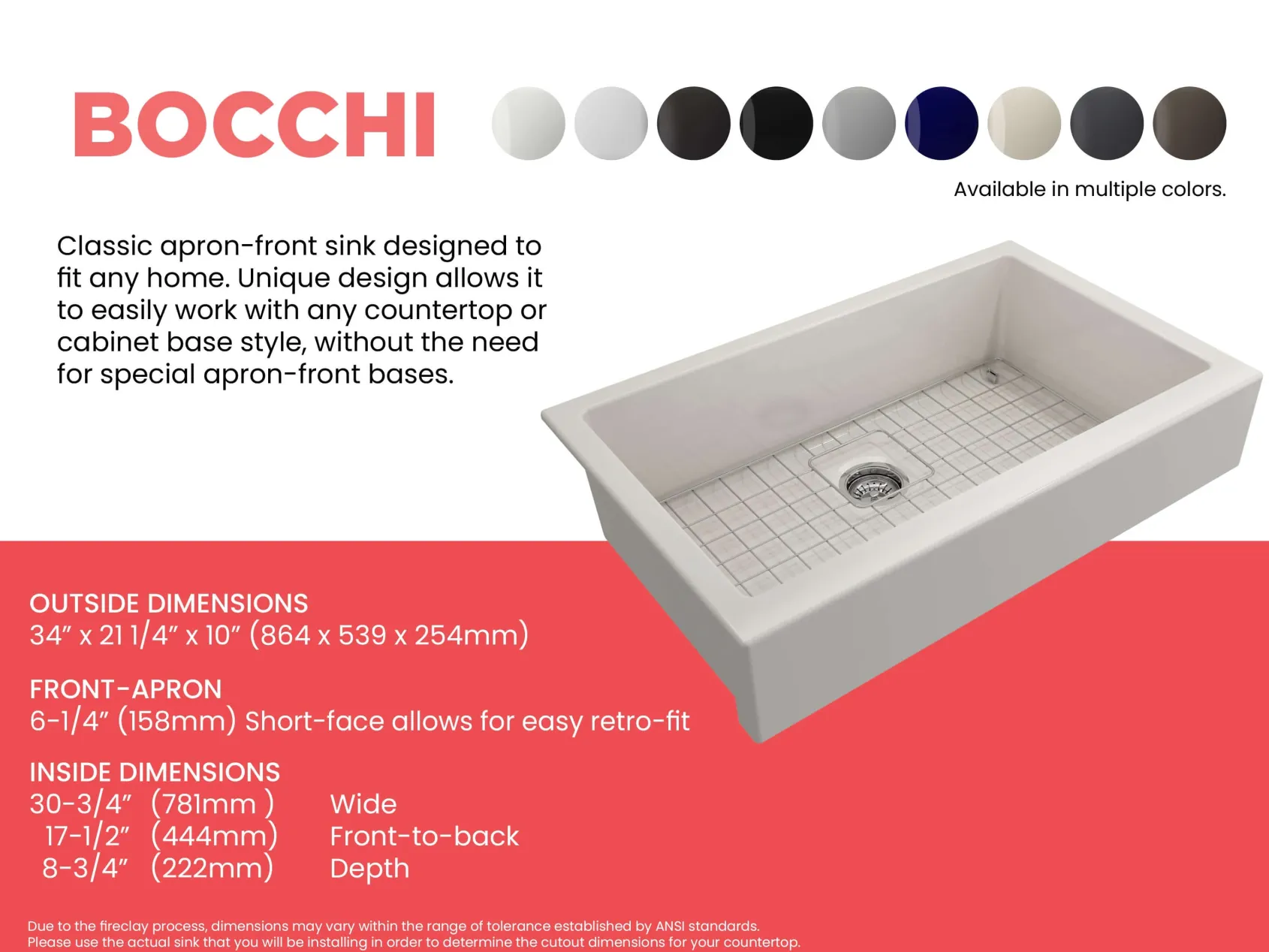 BOCCHI Nuova 34" Fireclay Retrofit Farmhouse Sink with Accessories, Biscuit, 1551-014-0120