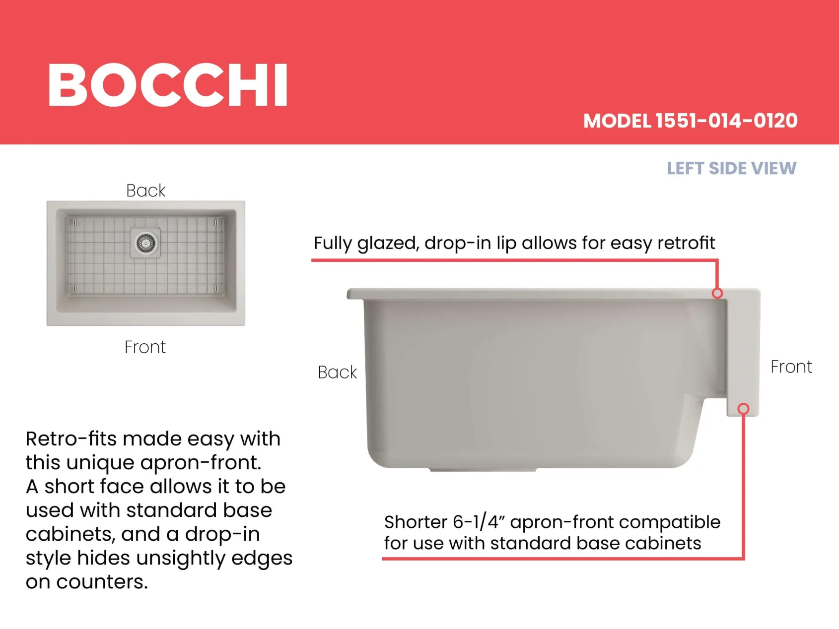 BOCCHI Nuova 34" Fireclay Retrofit Farmhouse Sink with Accessories, Biscuit, 1551-014-0120