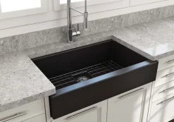 BOCCHI Nuova 34" Fireclay Retrofit Farmhouse Sink with Accessories, Matte Black, 1551-004-0120