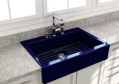 BOCCHI Nuova 34" Fireclay Retrofit Drop-In Farmhouse Sink with Accessories, Sapphire Blue, 1500-010-0127