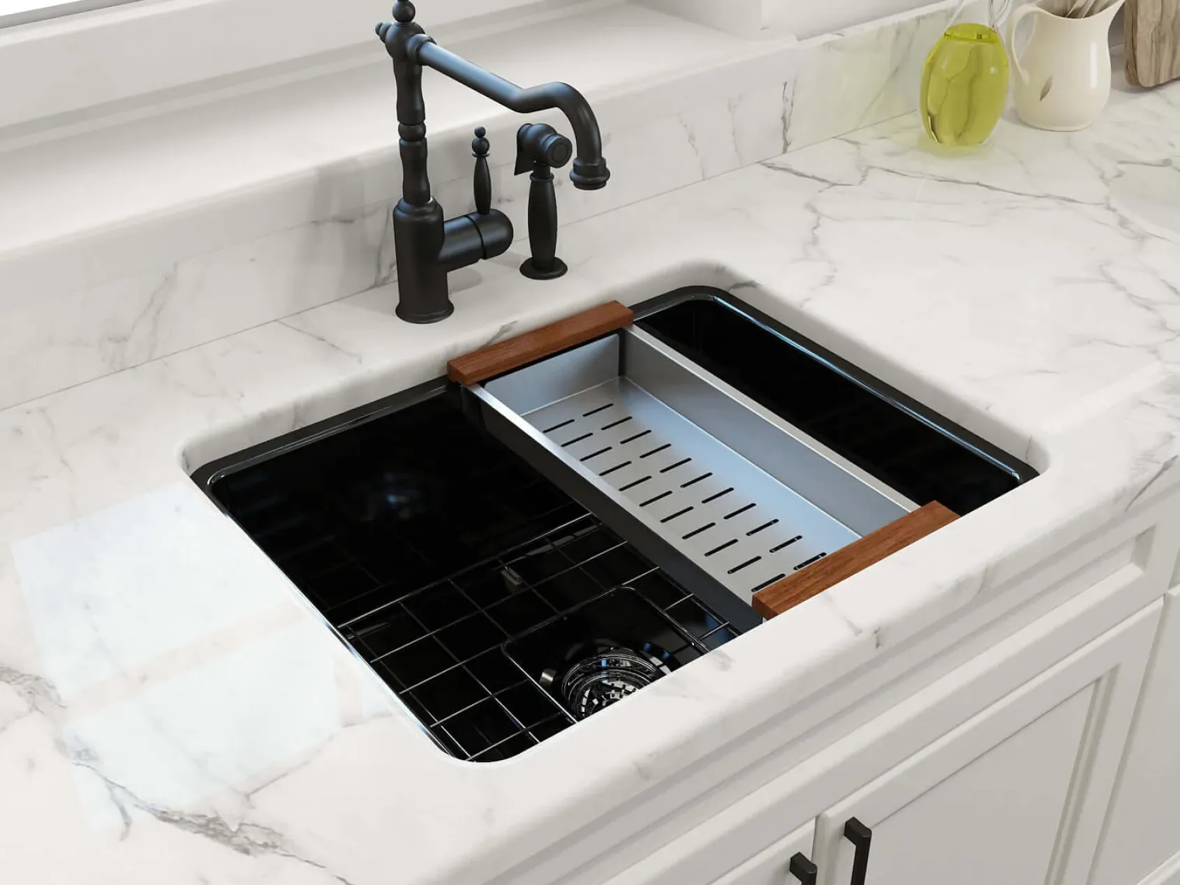 BOCCHI Sotto 24" Dual Mount Fireclay Kitchen Sink Kit with Accessories, Black, 1627-005-0120