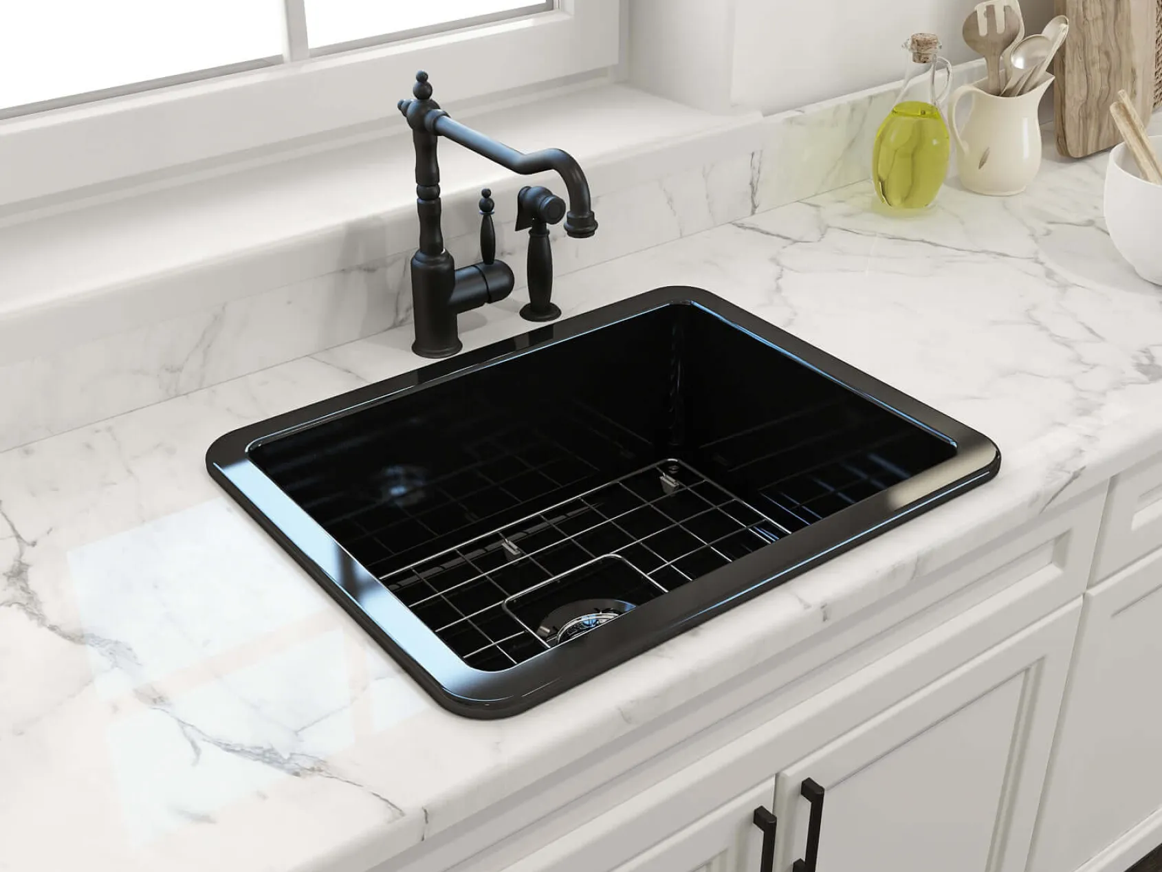 BOCCHI Sotto 24" Dual Mount Fireclay Kitchen Sink Kit with Accessories, Black, 1627-005-0120