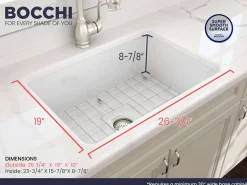 BOCCHI Sotto 27" Fireclay Dual Mount Single Bowl Kitchen Sink Kit with Accessories, White, 1360-001-KIT1