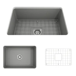 BOCCHI Sotto 27" Fireclay Dual Mount Single Bowl Kitchen Sink, Matte Gray, 1360-006-0120