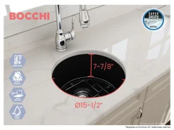 BOCCHI Sotto 18.5" Round Fireclay Undermount Single Bowl Bar Sink with Protective Bottom Grid and Strainer, Matte Black, 1361-004-0120
