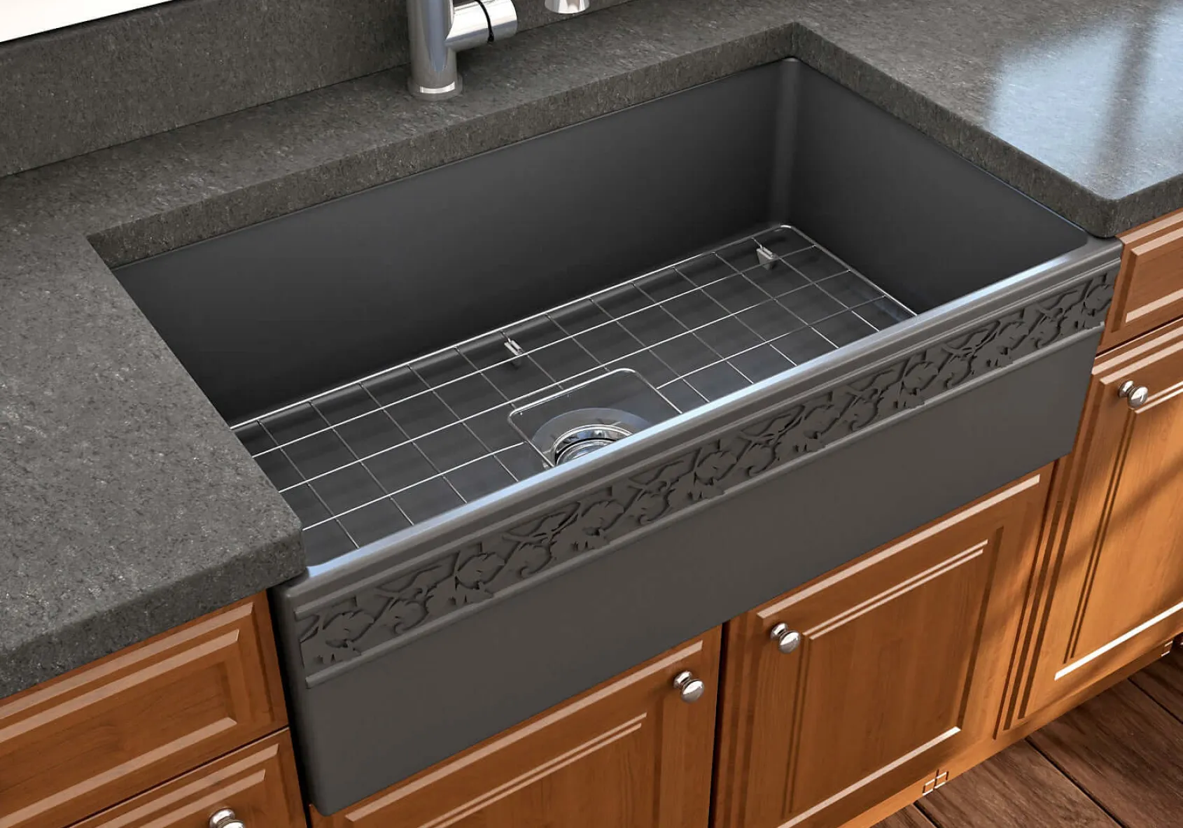 BOCCHI Vigneto 33" Fireclay Farmhouse Apron Single Bowl Kitchen Sink, Matte Dark Gray, 1353-020-0120