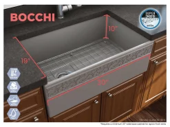 BOCCHI Vigneto 30" Fireclay Farmhouse Apron Single Bowl Kitchen Sink, Matte Gray, 1347-006-0120