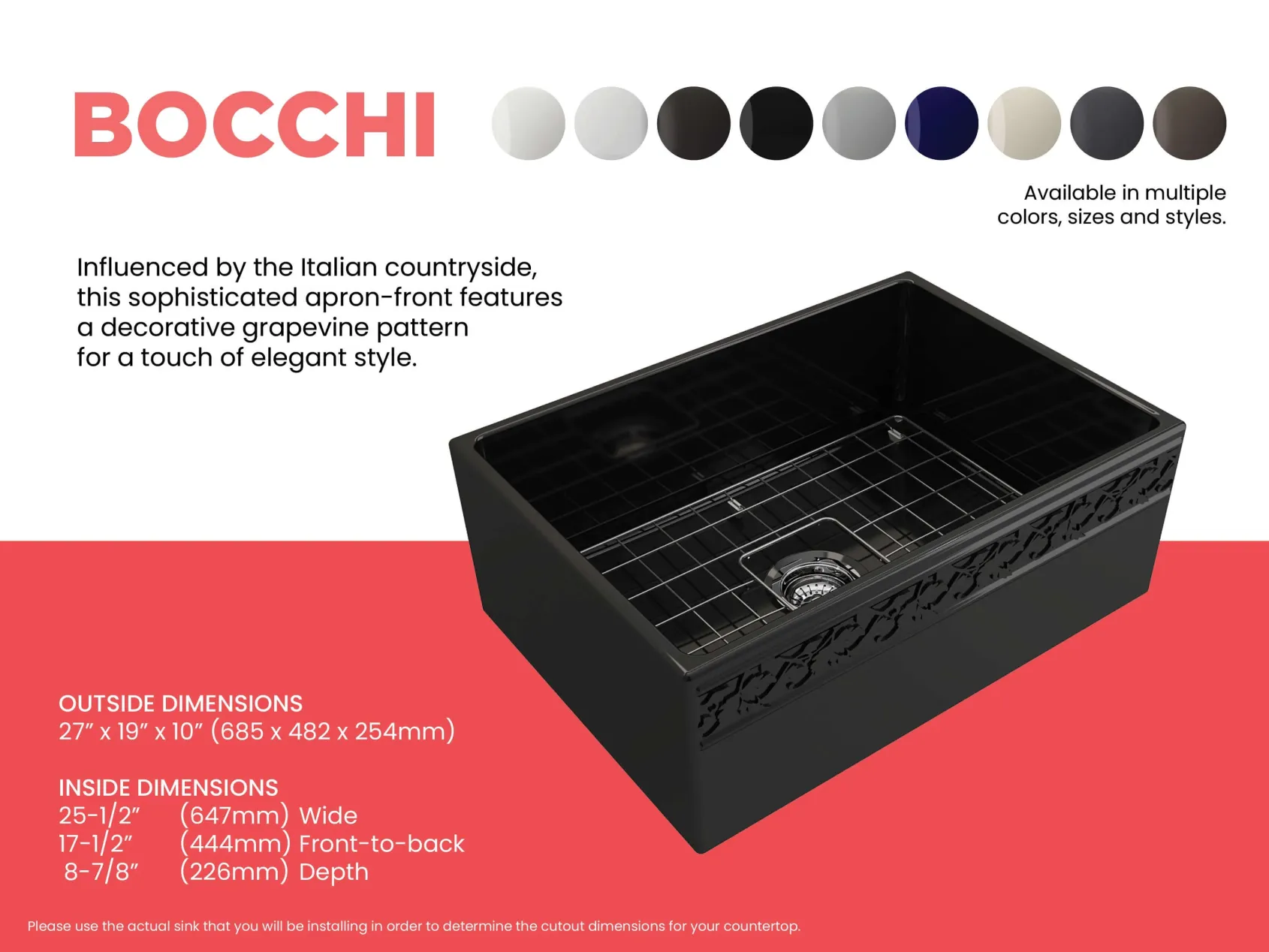 BOCCHI Vigneto 27" Fireclay Farmhouse Apron Single Bowl Kitchen Sink, Black, 1357-005-0120