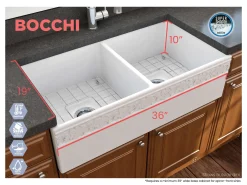 BOCCHI Vigneto 36" Fireclay Farmhouse Apron 50/50 Double Bowl Kitchen Sink, Matte White, 1351-002-0120