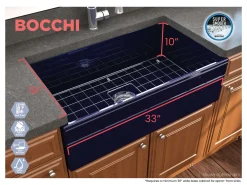 BOCCHI Vigneto 33" Fireclay Farmhouse Apron Single Bowl Kitchen Sink, Sapphire Blue, 1353-010-0120