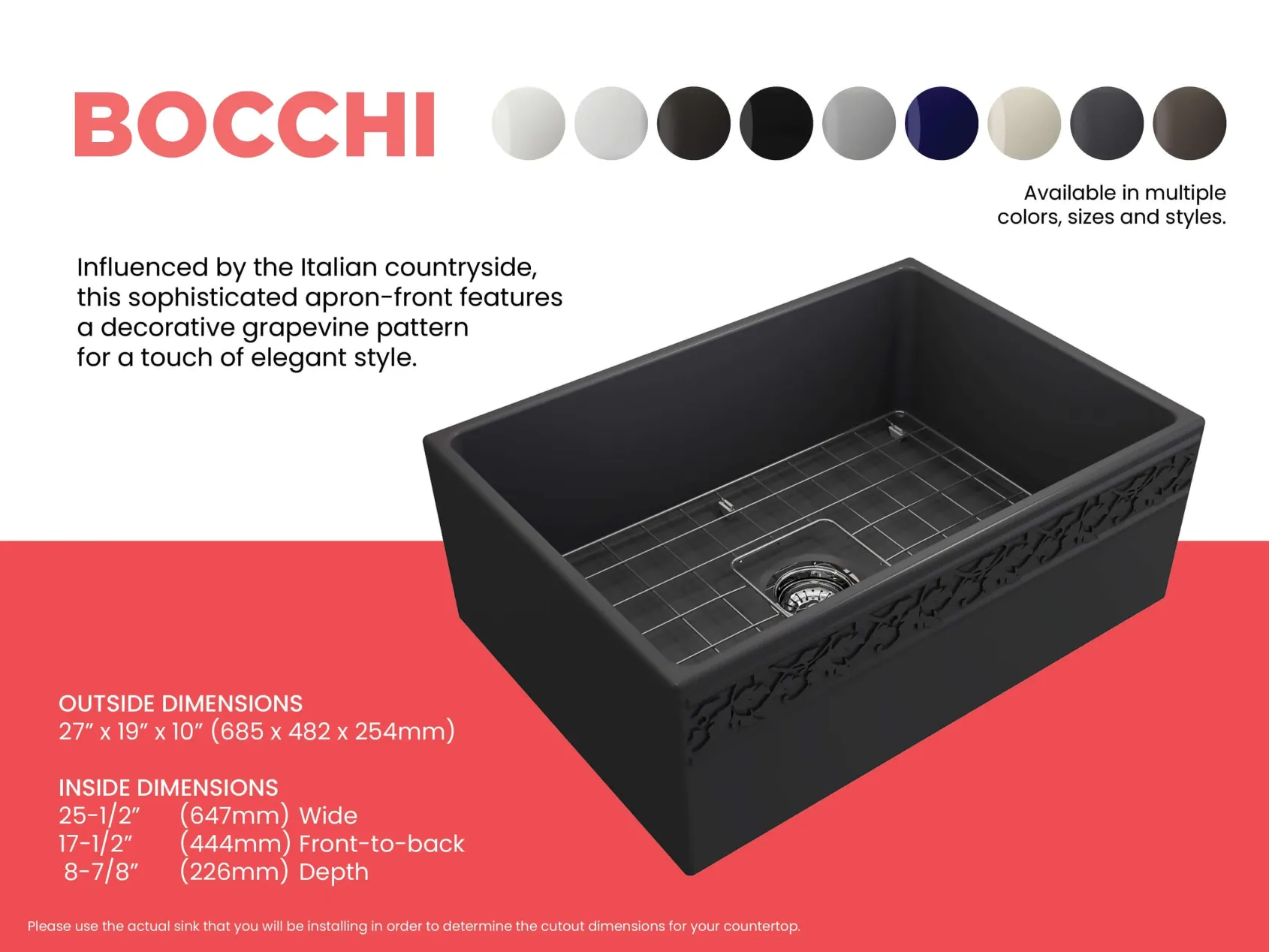 BOCCHI Vigneto 27" Fireclay Farmhouse Apron Single Bowl Kitchen Sink, Matte Dark Gray, 1357-020-0120