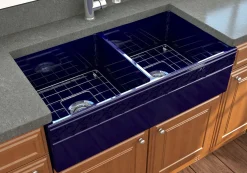 BOCCHI Vigneto 36" Fireclay Farmhouse Apron 50/50 Double Bowl Kitchen Sink, Sapphire Blue, 1351-010-0120