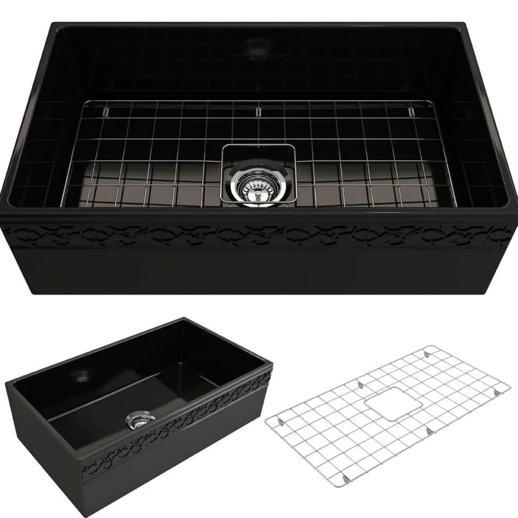 BOCCHI Vigneto 33" Fireclay Farmhouse Apron Single Bowl Kitchen Sink, Black, 1353-005-0120