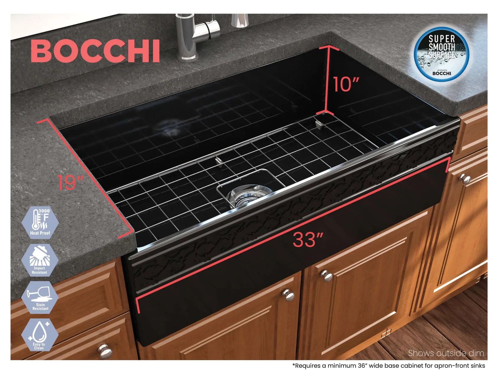 BOCCHI Vigneto 33" Fireclay Farmhouse Apron Single Bowl Kitchen Sink, Black, 1353-005-0120