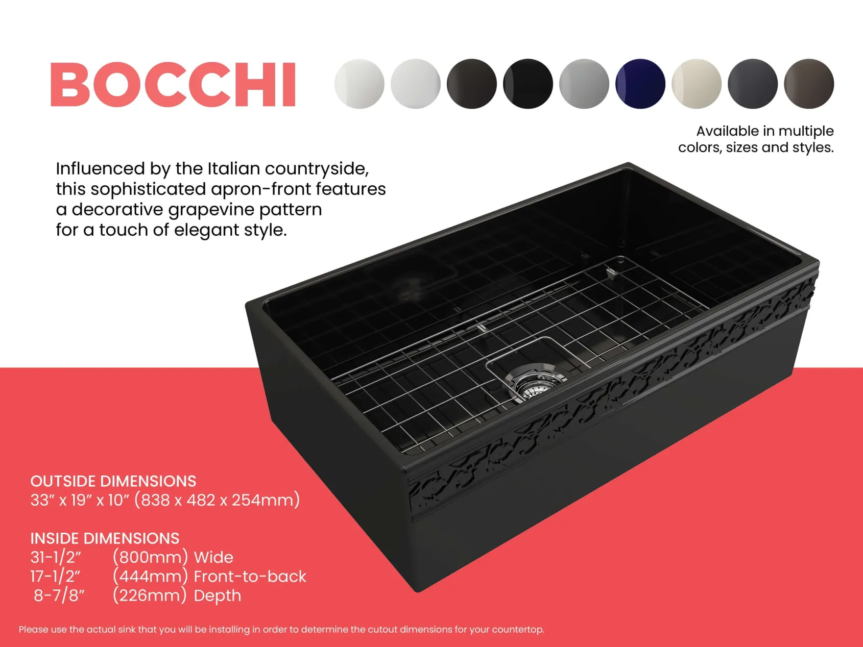 BOCCHI Vigneto 33" Fireclay Farmhouse Apron Single Bowl Kitchen Sink, Black, 1353-005-0120