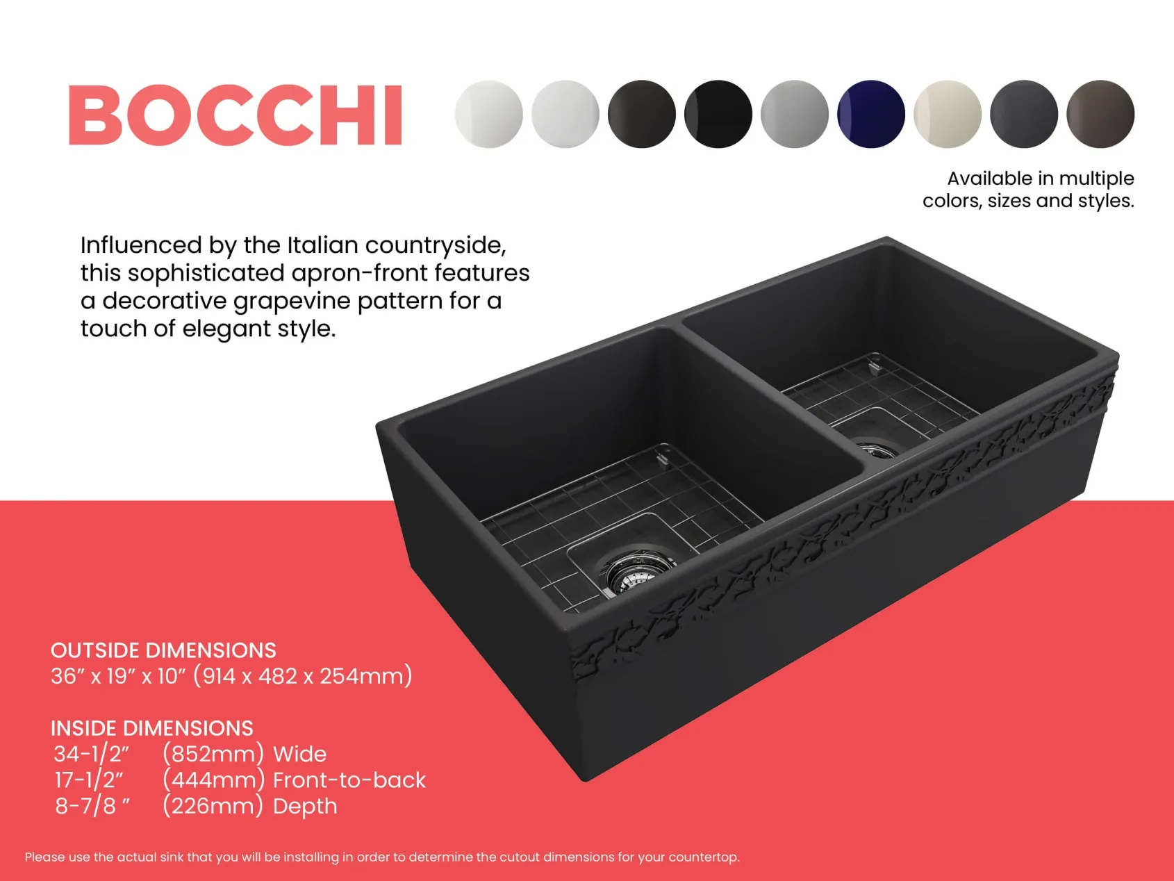 BOCCHI Vigneto 36" Fireclay Farmhouse Apron 50/50 Double Bowl Kitchen Sink, Matte Dark Gray, 1351-020-0120