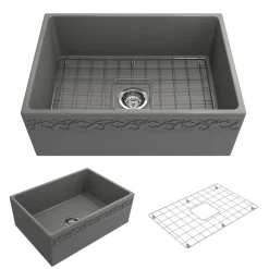 BOCCHI Vigneto 27" Fireclay Farmhouse Apron Single Bowl Kitchen Sink, Matte Gray, 1357-006-0120
