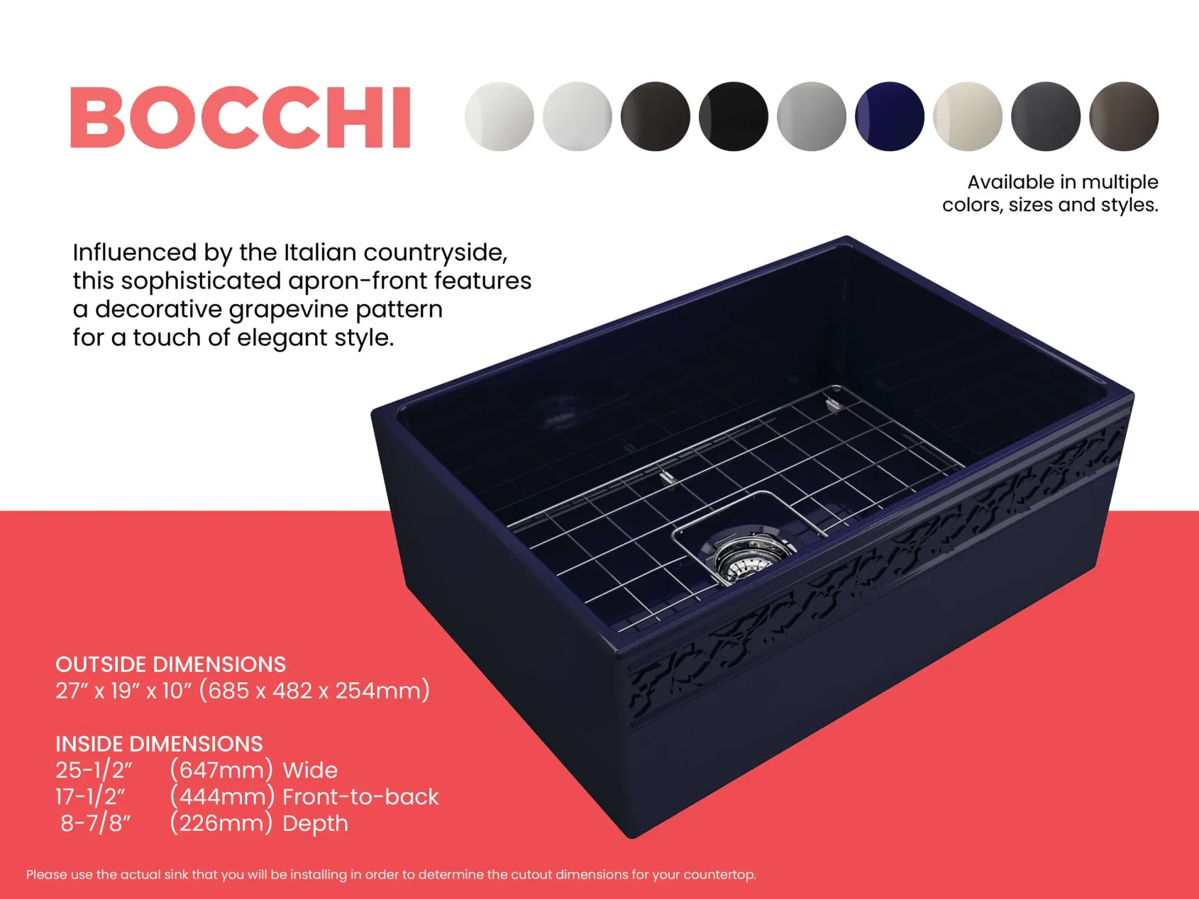 BOCCHI Vigneto 27" Fireclay Farmhouse Apron Single Bowl Kitchen Sink, Sapphire Blue, 1357-010-0120
