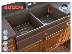 BOCCHI Vigneto 36" Fireclay Farmhouse Apron 50/50 Double Bowl Kitchen Sink, Matte Brown, 1351-025-0120