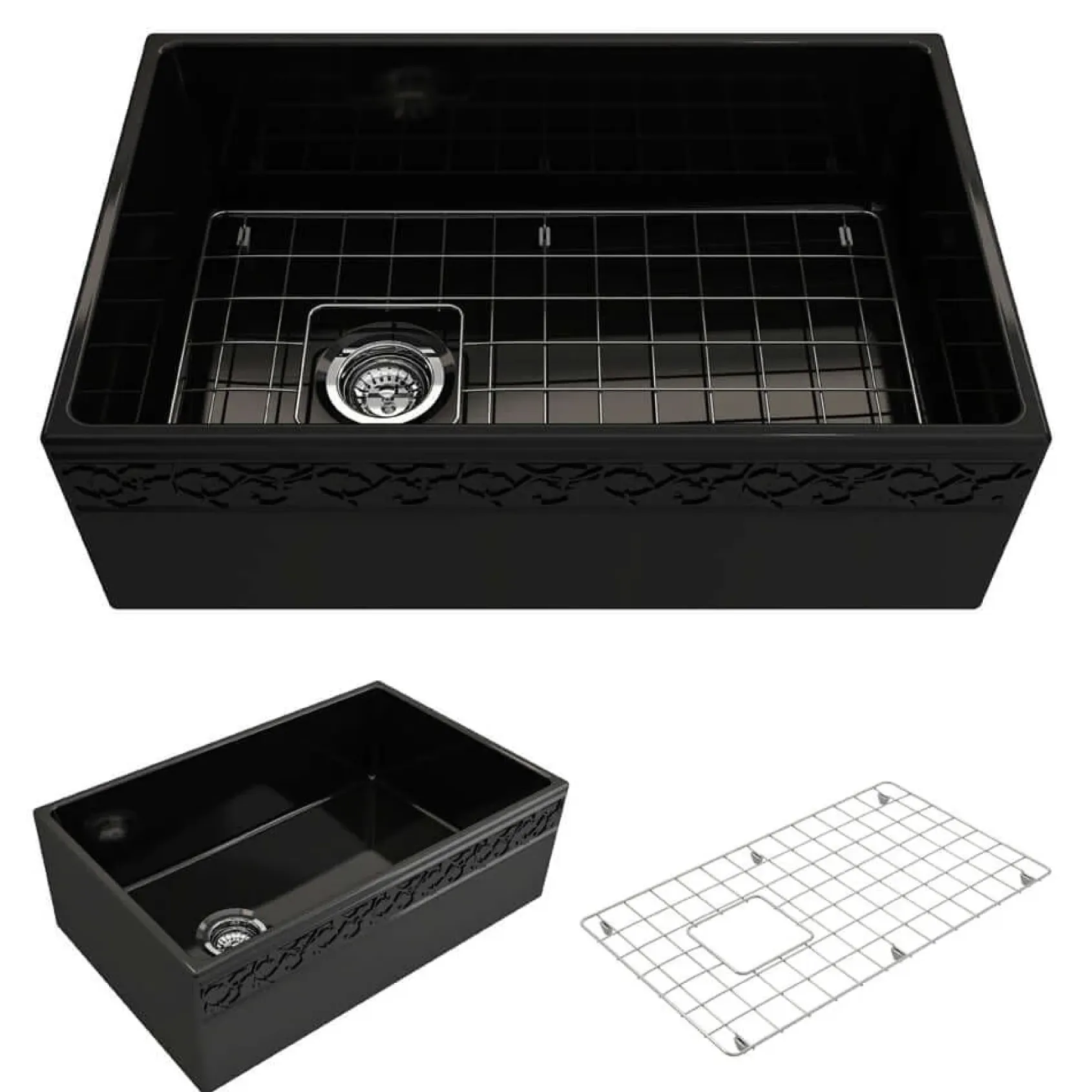BOCCHI Vigneto 30" Fireclay Farmhouse Apron Single Bowl Kitchen Sink, Black, 1347-005-0120