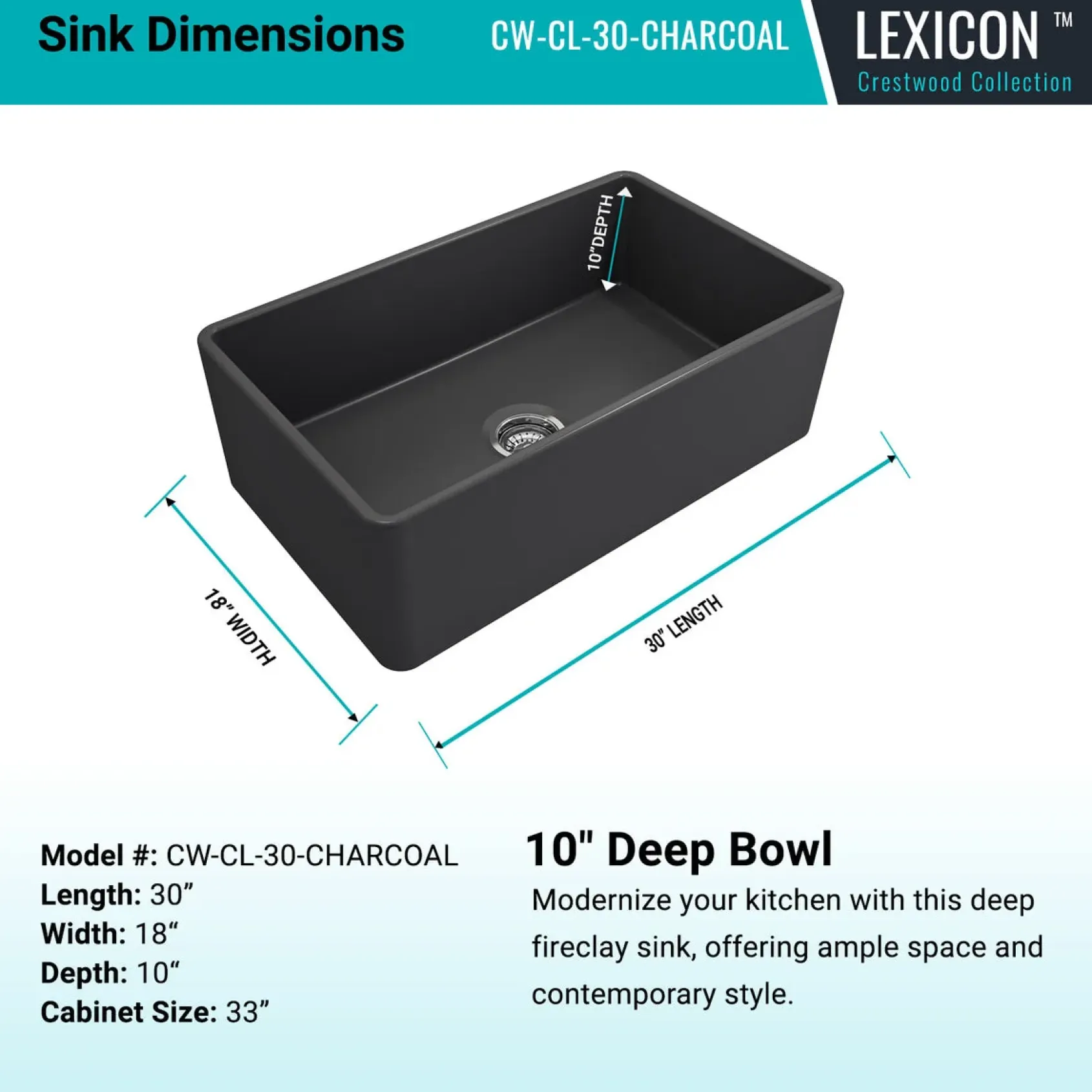 Crestwood 30" Fireclay Farmhouse Sink, Charcoal, CW-CL-30-CHARCOAL