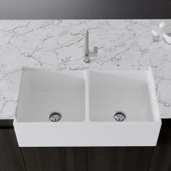 Crestwood 36" Fireclay Farmhouse Sink 50/50 Double Bowl, White, CW-MOD-362-DBL-WHITE