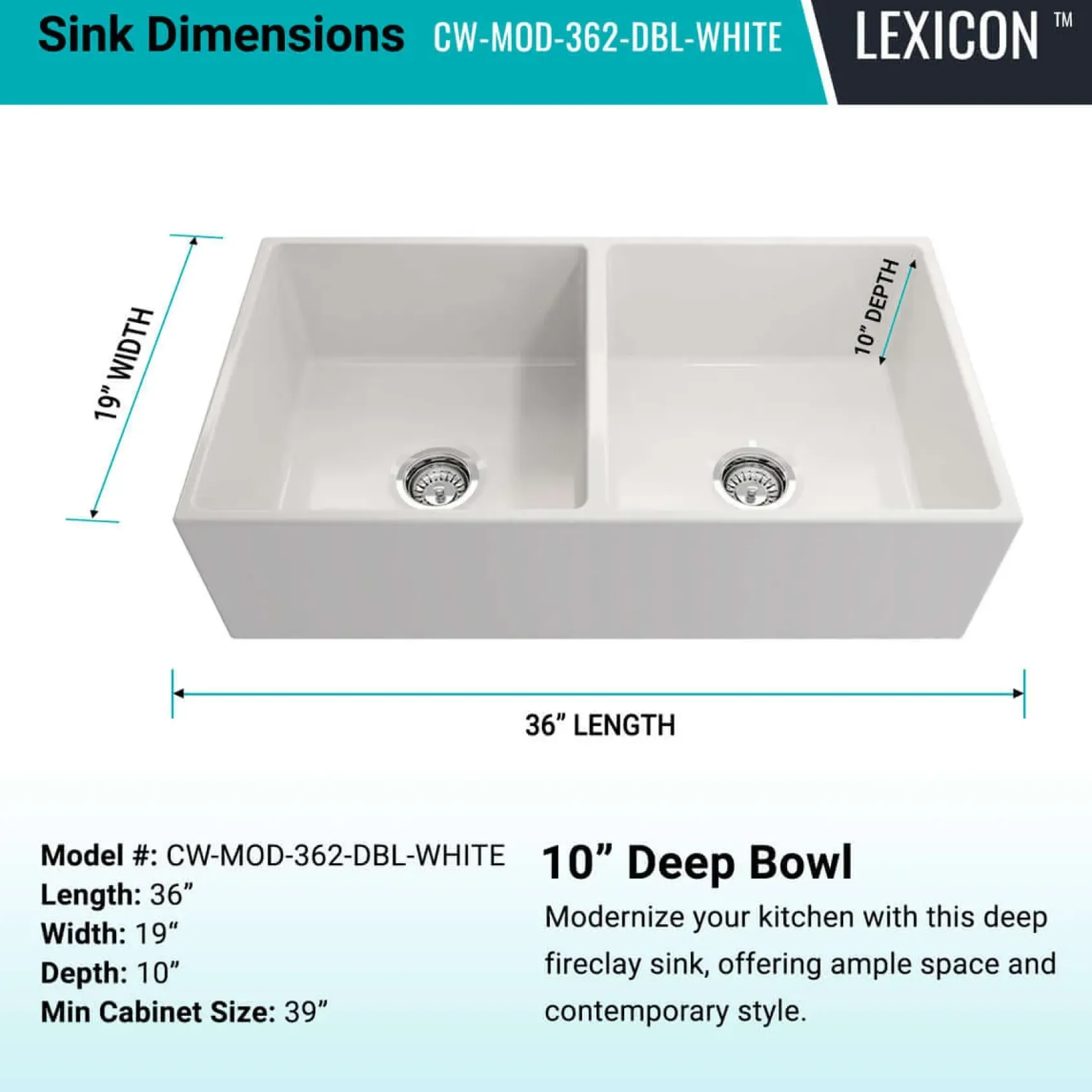 Crestwood 36" Fireclay Farmhouse Sink 50/50 Double Bowl, White, CW-MOD-362-DBL-WHITE