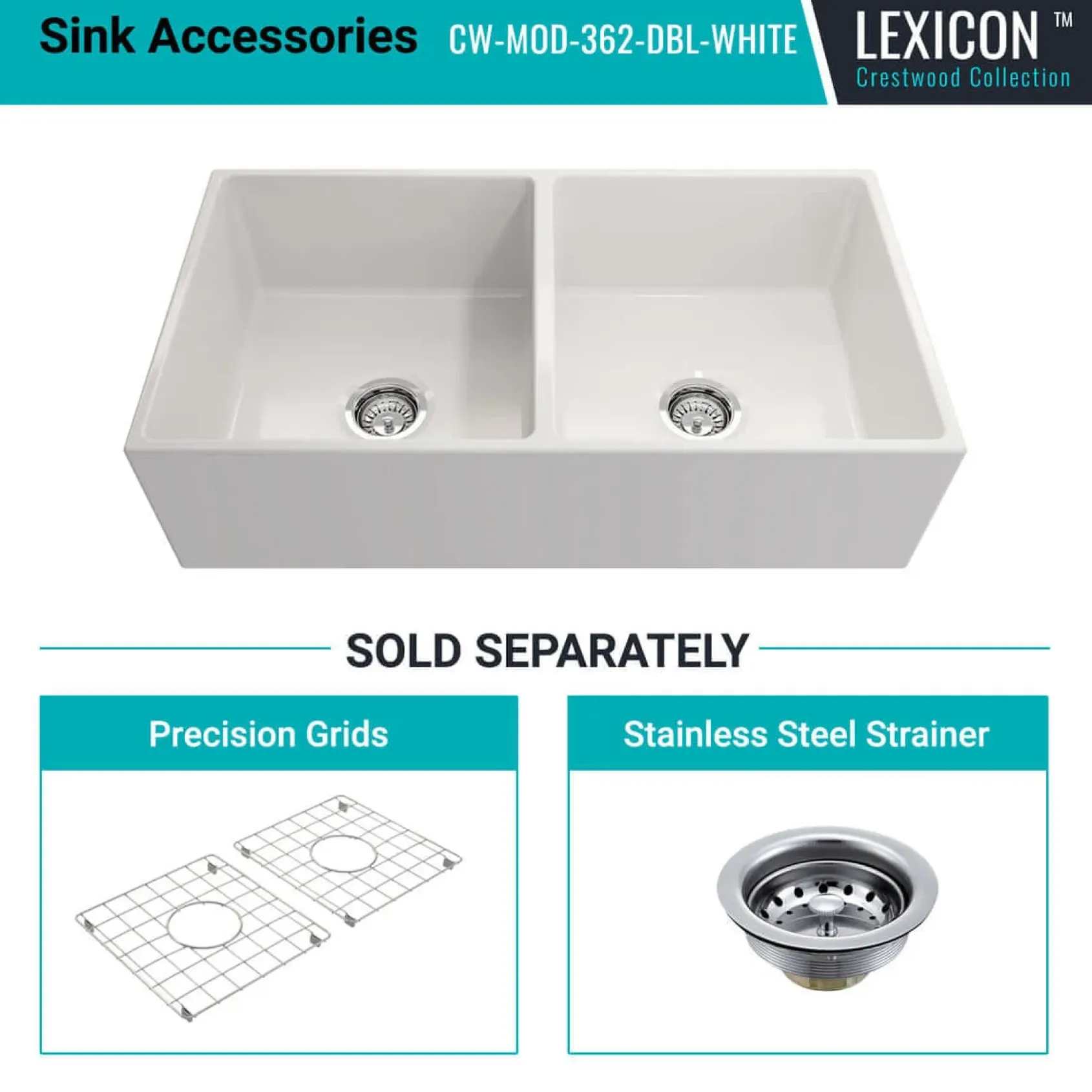 Crestwood 36" Fireclay Farmhouse Sink 50/50 Double Bowl, White, CW-MOD-362-DBL-WHITE