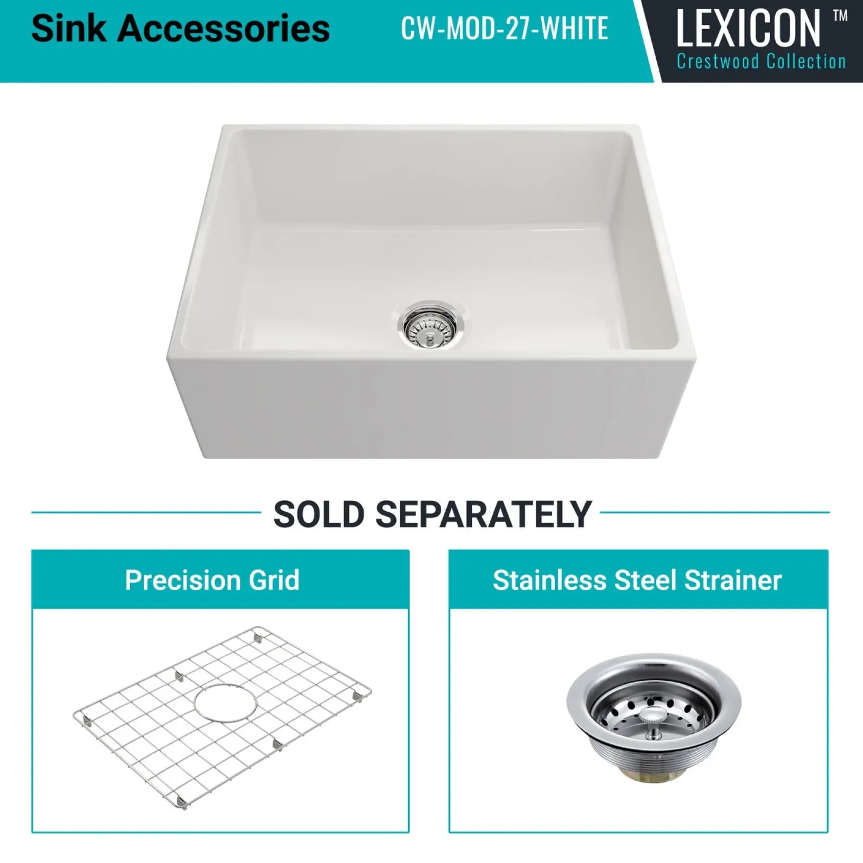 Crestwood 27" Fireclay Farmhouse Sink, White, CW-MOD-27-WHITE