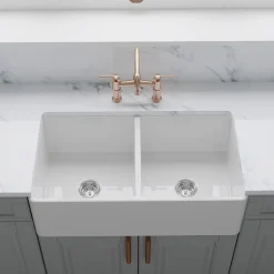 Crestwood 33" Fireclay Farmhouse Sink 50/50 Double Bowl, White, CW-CL-332-DBL-WHITE