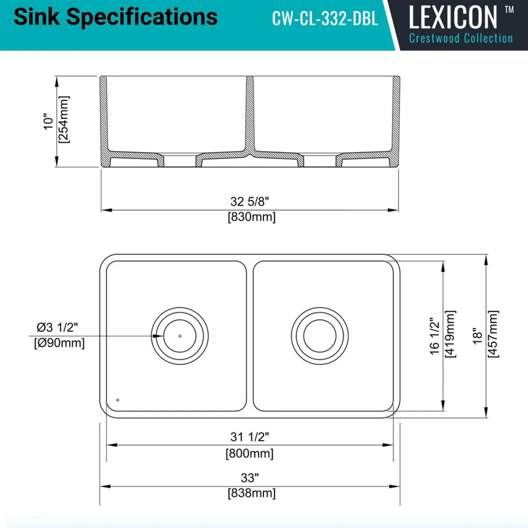 Crestwood 33" Fireclay Farmhouse Sink 50/50 Double Bowl, Charcoal, CW-CL-332-DBL-CHARCOAL