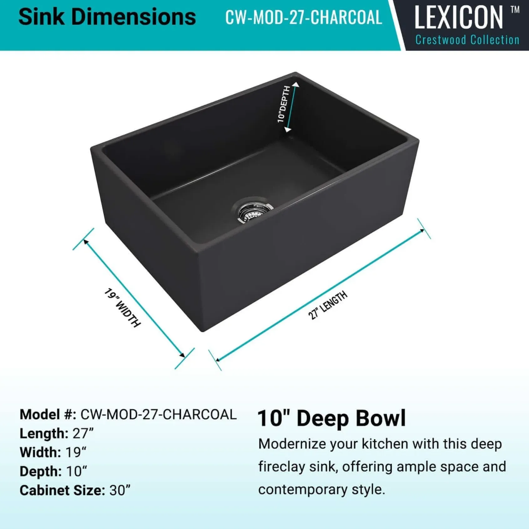 Crestwood 27" Fireclay Farmhouse Sink, Charcoal, CW-MOD-27-CHARCOAL