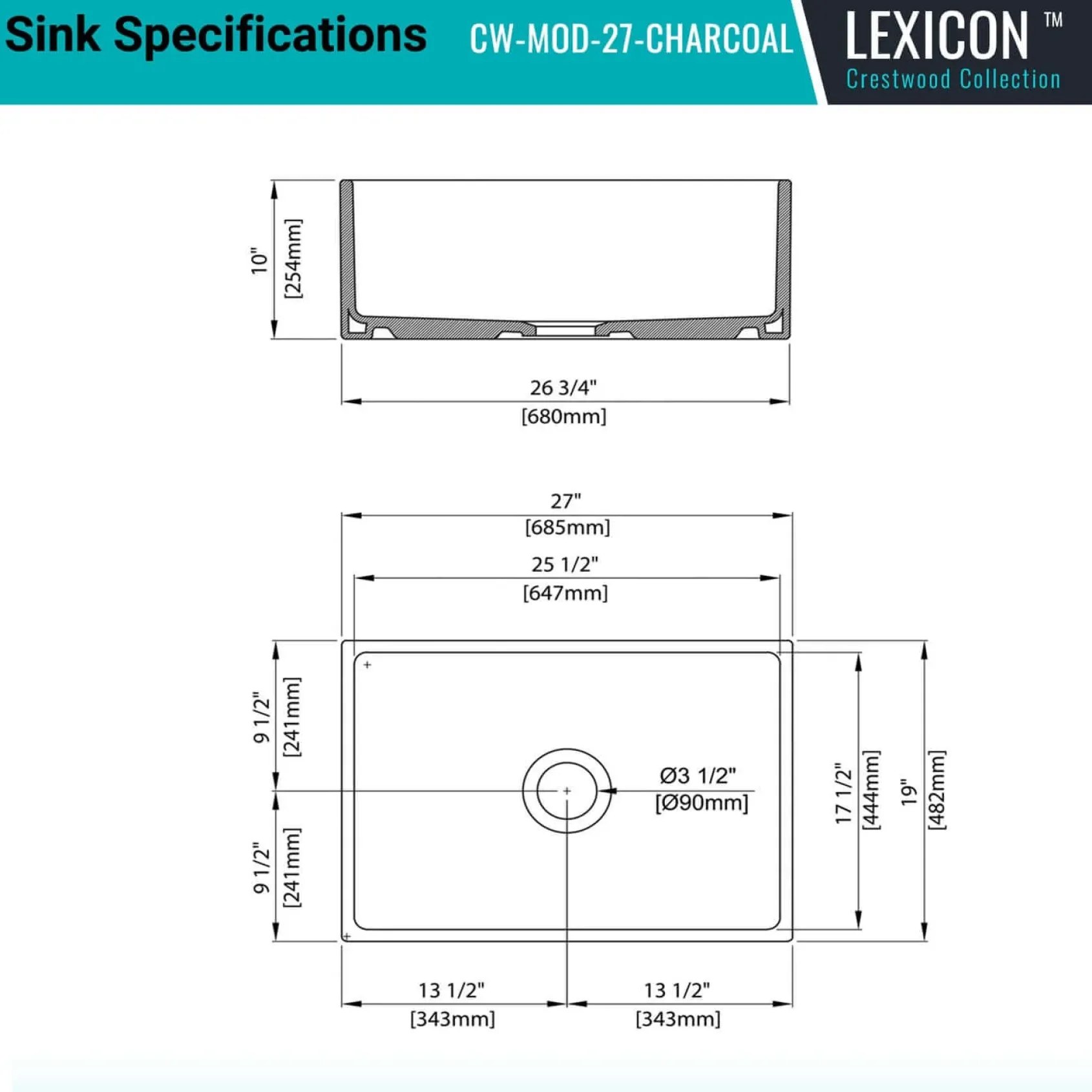 Crestwood 27" Fireclay Farmhouse Sink, Charcoal, CW-MOD-27-CHARCOAL