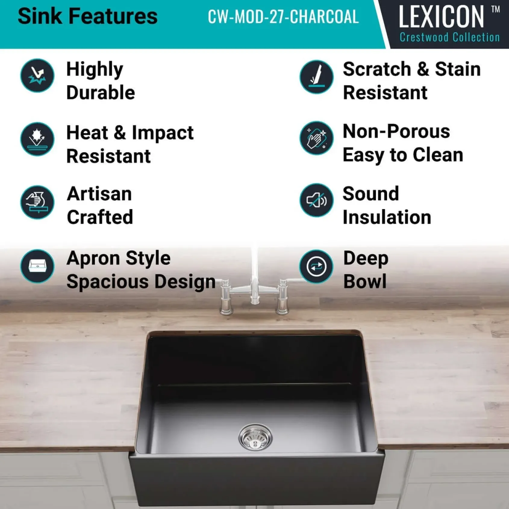 Crestwood 27" Fireclay Farmhouse Sink, Charcoal, CW-MOD-27-CHARCOAL