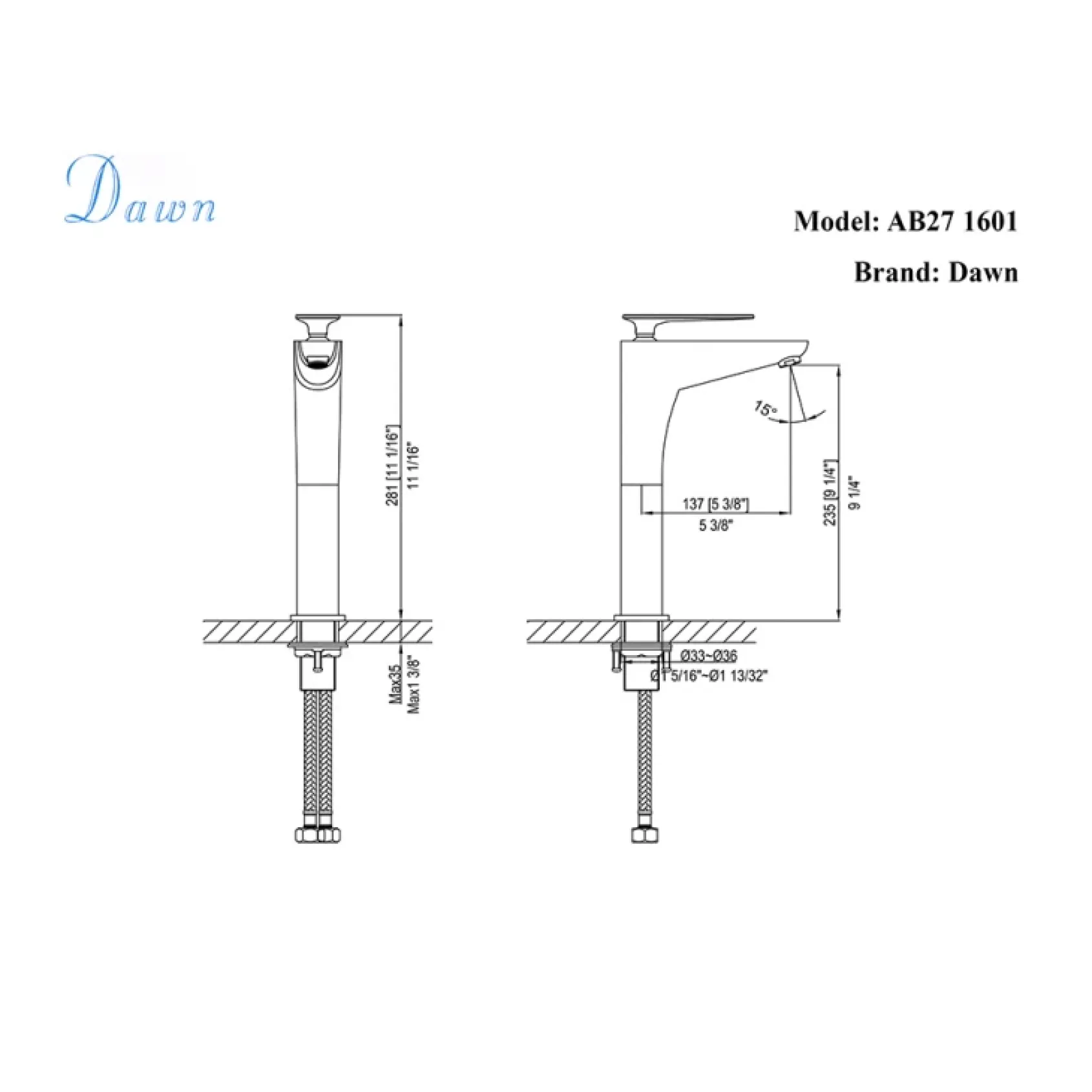 Dawn 11" 1.2 GPM Bathroom Faucet, Brushed Nickel, AB27 1601BN