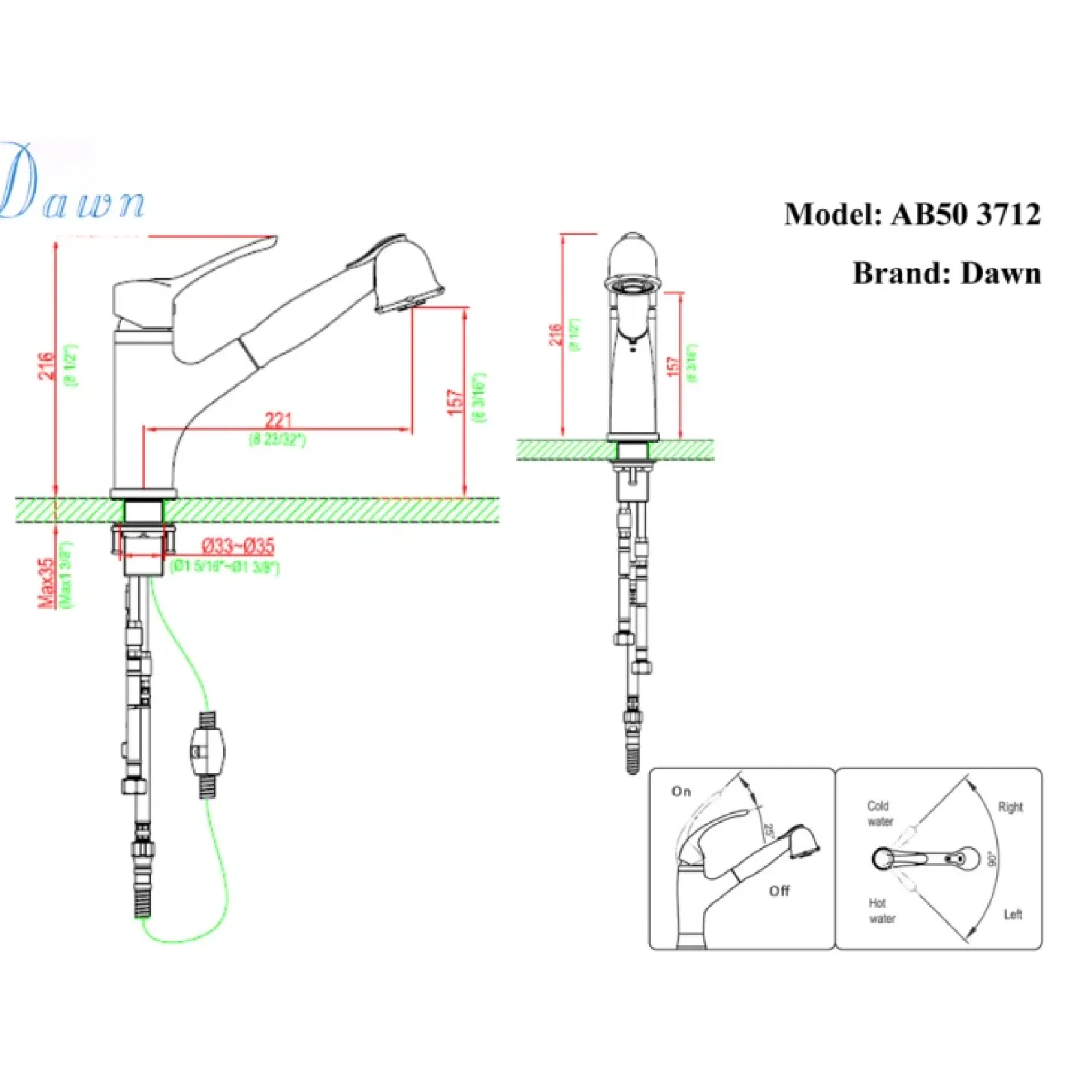 Dawn 9" 1.8 GPM Pull Out Kitchen Faucet, Brushed Nickel, AB50 3712BN