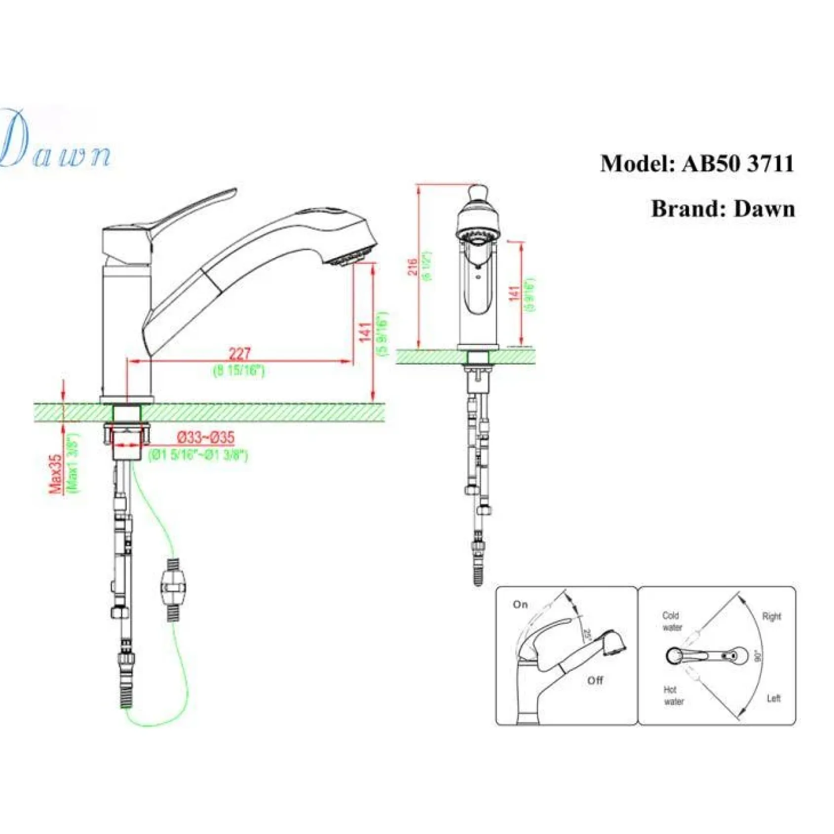 Dawn 9" 1.8 GPM Pull Out Kitchen Faucet, Brushed Nickel, AB50 3711BN