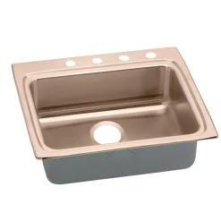 Elkay 25" Drop In/Topmount CuVerro Antimicrobial Copper ADA Kitchen Sink, Lustrous Satin, 2 Faucet Holes, LRAD2522402-CU
