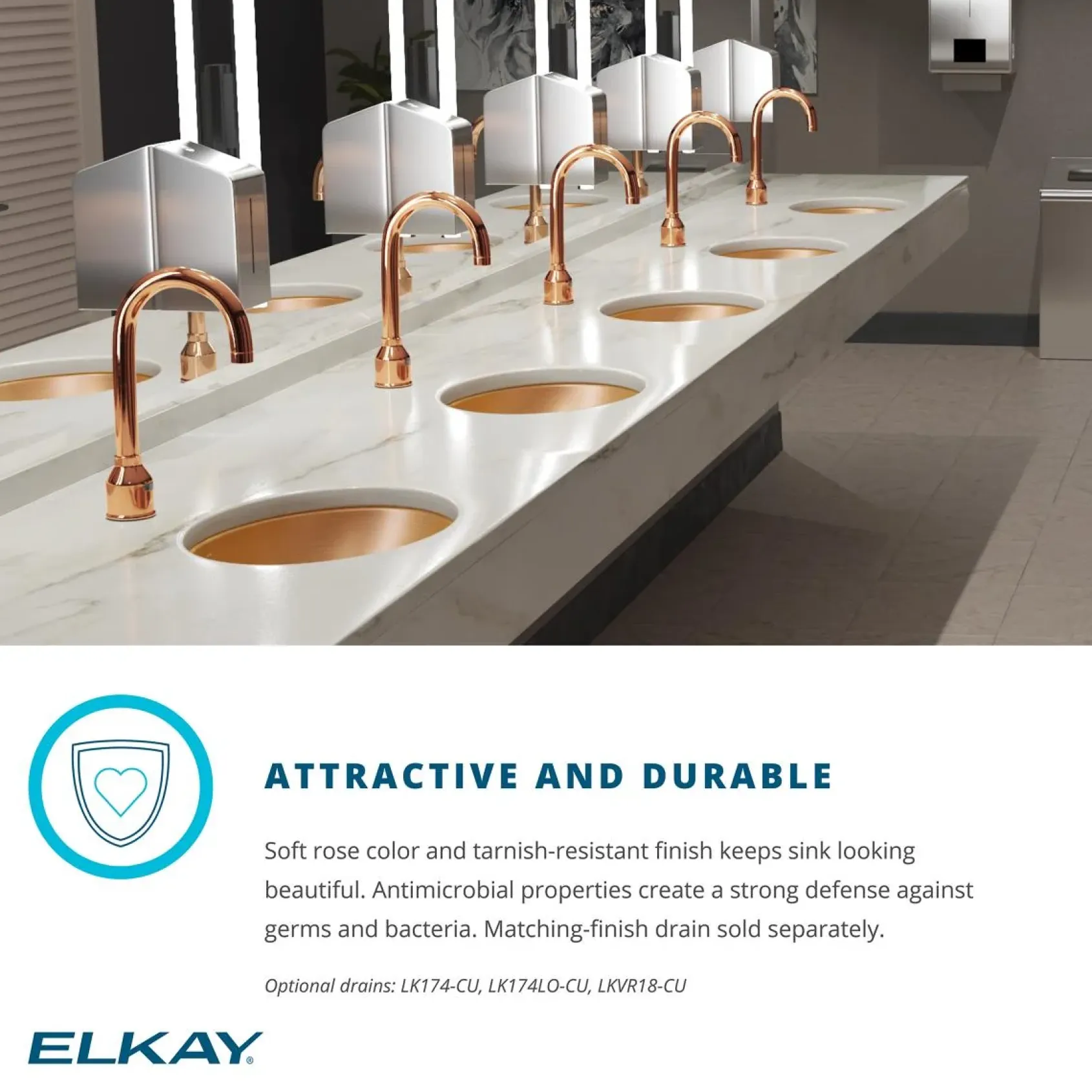 Elkay 25" Drop In/Topmount CuVerro Antimicrobial Copper ADA Kitchen Sink, Lustrous Satin, 2 Faucet Holes, LRAD2522402-CU