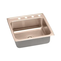 Elkay 22" Drop In/Topmount CuVerro Antimicrobial Copper ADA Kitchen Sink, Lustrous Satin, 1 Faucet Hole, LRAD2222601-CU