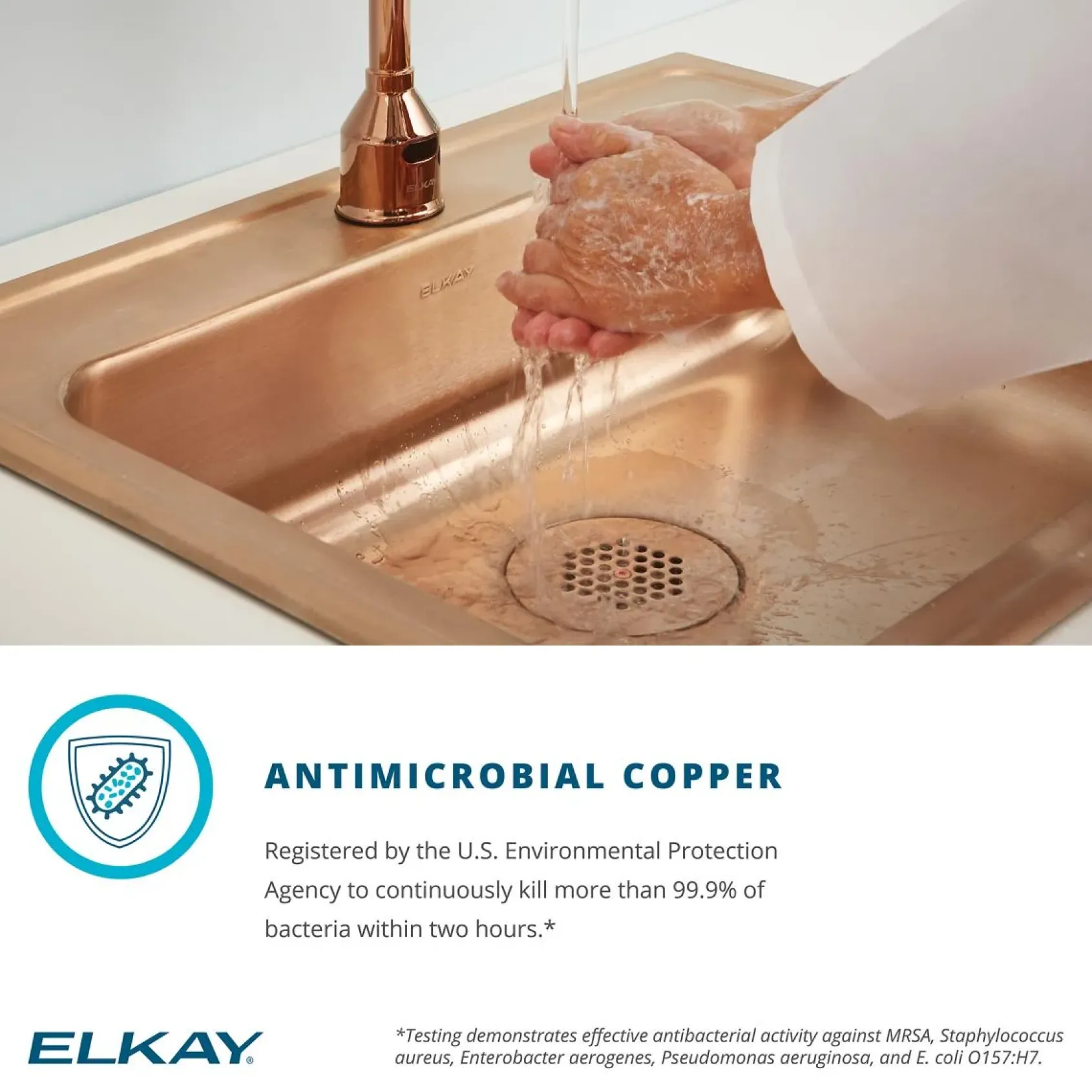 Elkay 22" Drop In/Topmount CuVerro Antimicrobial Copper ADA Kitchen Sink, Lustrous Satin, 3 Faucet Holes, LRAD2219553-CU