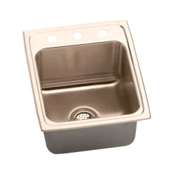 Elkay 17" Drop In/Topmount CuVerro Antimicrobial Copper Kitchen Sink, Lustrous Satin, 2 Faucet Holes, DLR1722102-CU