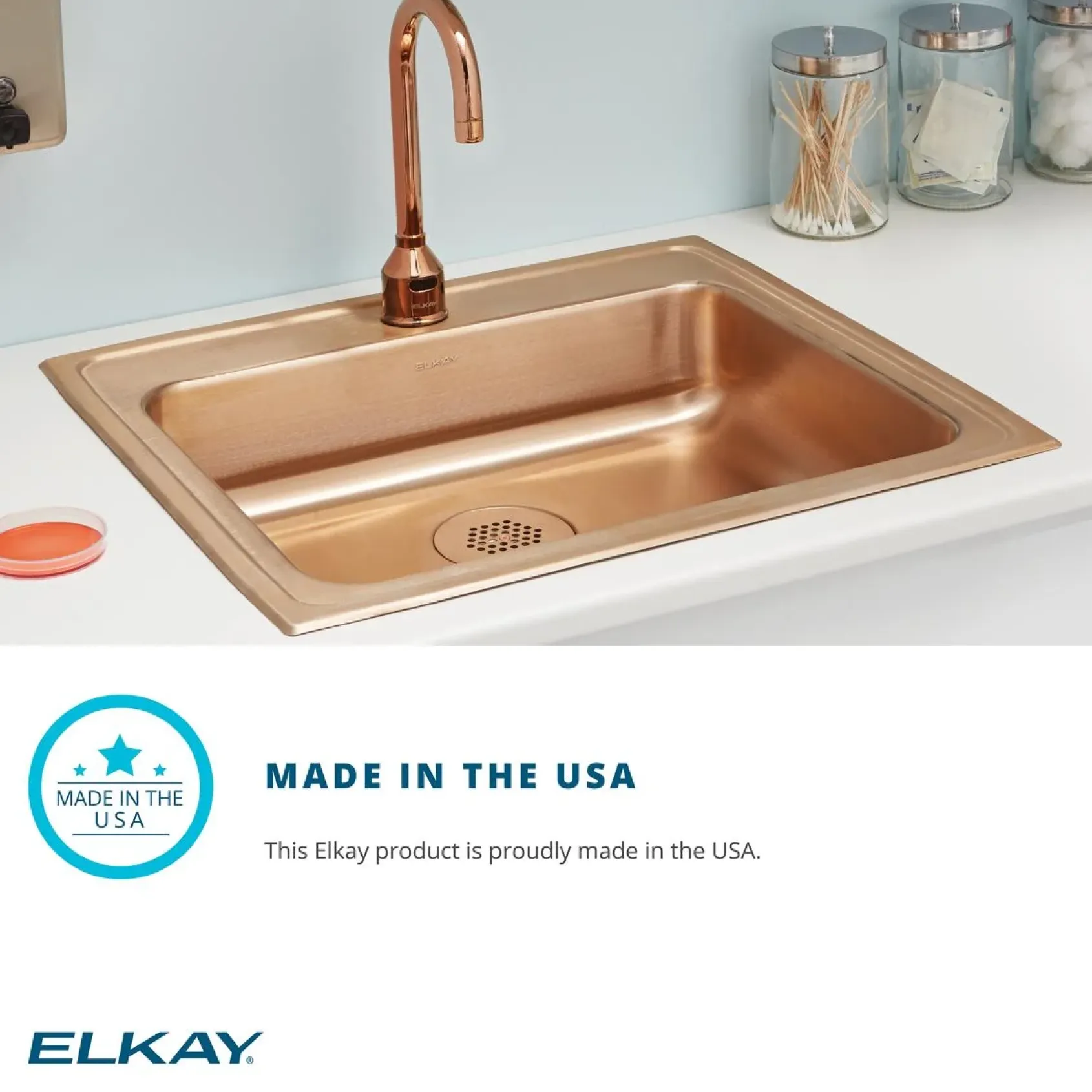 Elkay 22" Drop In/Topmount CuVerro Antimicrobial Copper Kitchen Sink, Lustrous Satin, 3 Faucet Holes, DLR2219103-CU