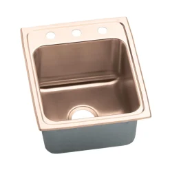 Elkay 17" Drop In/Topmount CuVerro Antimicrobial Copper Kitchen Sink, Lustrous Satin, 3 Faucet Holes, DLR1722103-CU