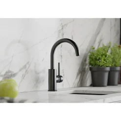 Elkay Avado Lever Handle Gooseneck Spout Brass ADA Bar Faucet, Black Stainless, LKAV3021BK