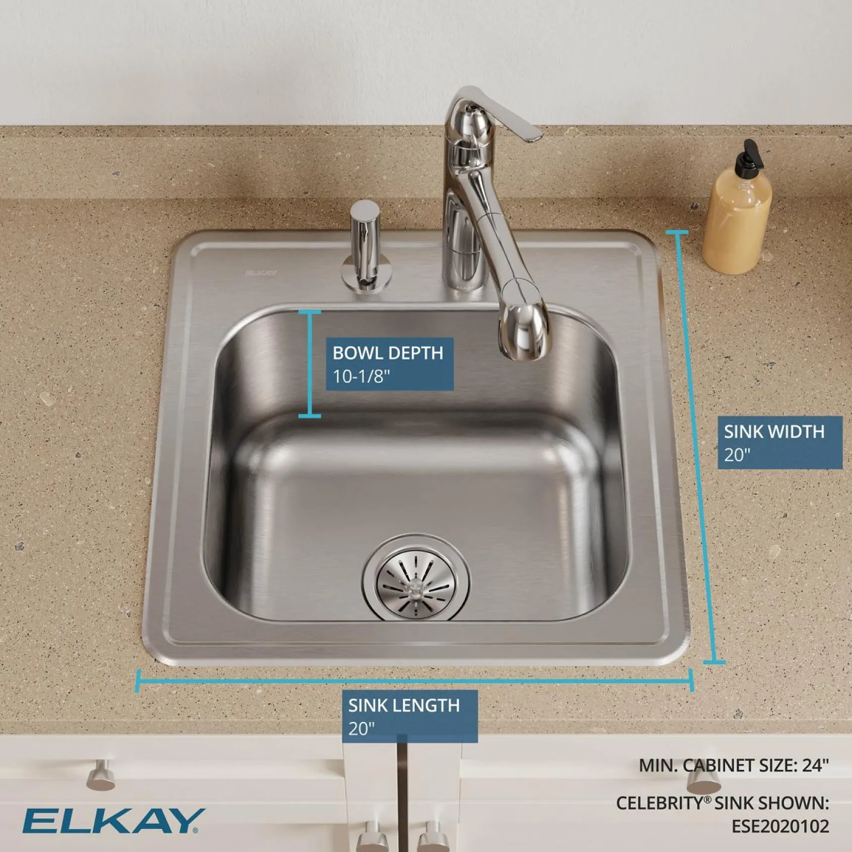 Elkay Celebrity 20" Drop In/Topmount Stainless Steel Laundry/Utility Sink, Brushed Satin, 2 Faucet Holes, ESE2020102