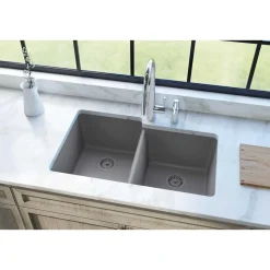Elkay Classic 33" Quartz Kitchen Sink, 50/50 Double Bowl, Greystone, ELGU250RGS0