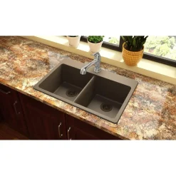 Elkay Classic 33" Quartz Kitchen Sink, 50/50 Double Bowl, Mocha, Pre-scored for up to 5 Faucet Hole, ELG3322MC0