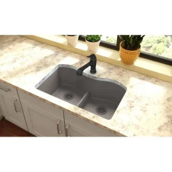 Elkay Classic 33" Quartz Kitchen Sink, 50/50 Double Bowl, Greige, ELGULB3322GR0