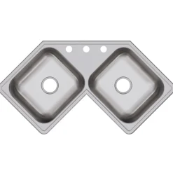 Elkay Dayton 32" Stainless Steel Corner Kitchen Sink, 45/55 Double Bowl, 20 Gauge, Elite Satin, 3 Faucet Hole, DE217323, 3-Hole